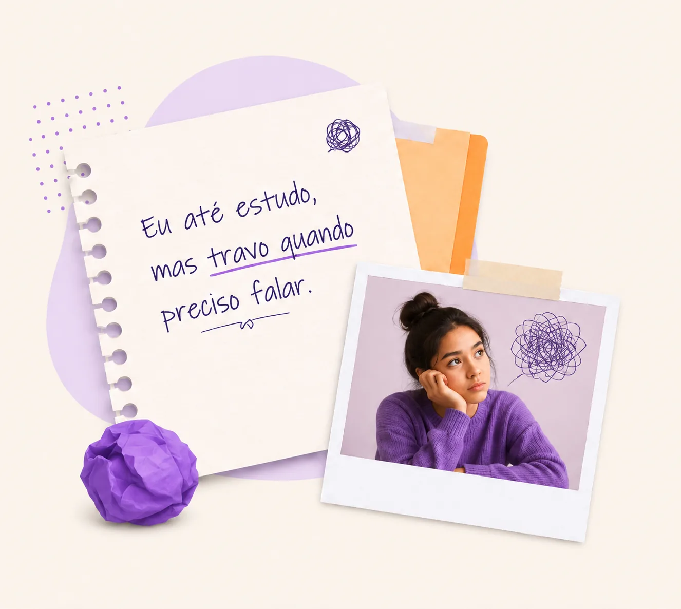 Aluna pensativa com bloco de notas: eu até estudo, mas travo quando preciso falar